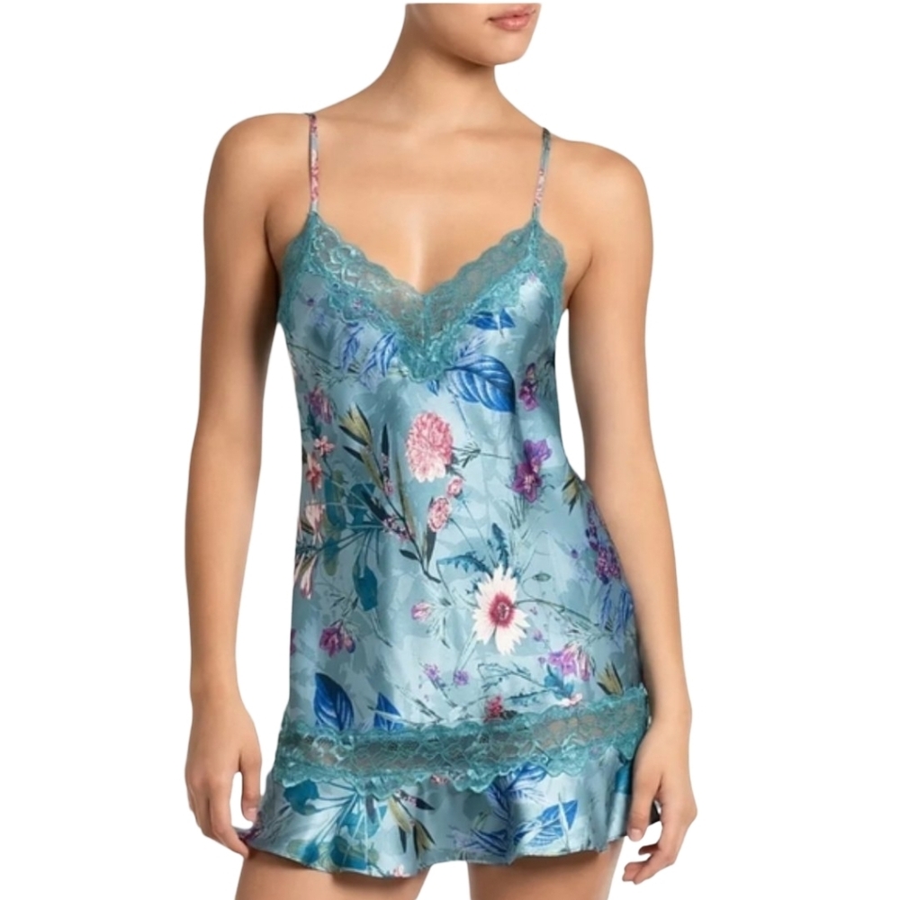 IN BLOOM BY JONQUIL Joelle Lace Trim Floral Satin Chemise Adriatic Blue Sz M NWT - Picture 3 of 4